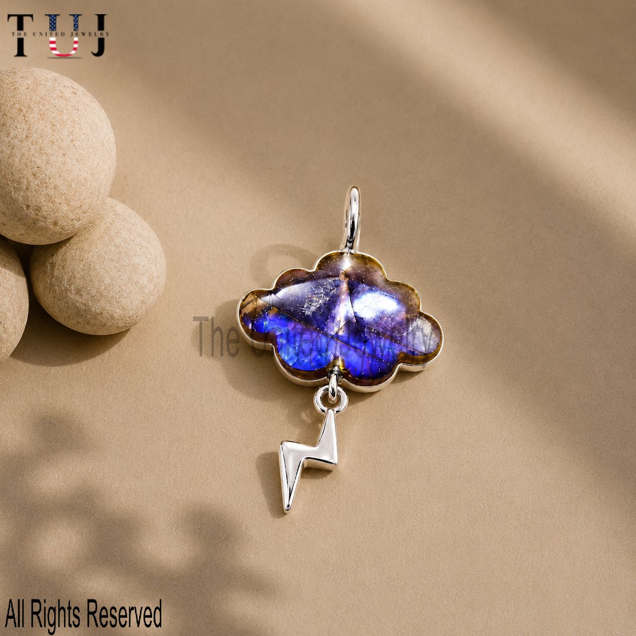925 Sterling Silver Handmade Labradorite Cloud And Lighting Bolt Hanging Charm Pendant