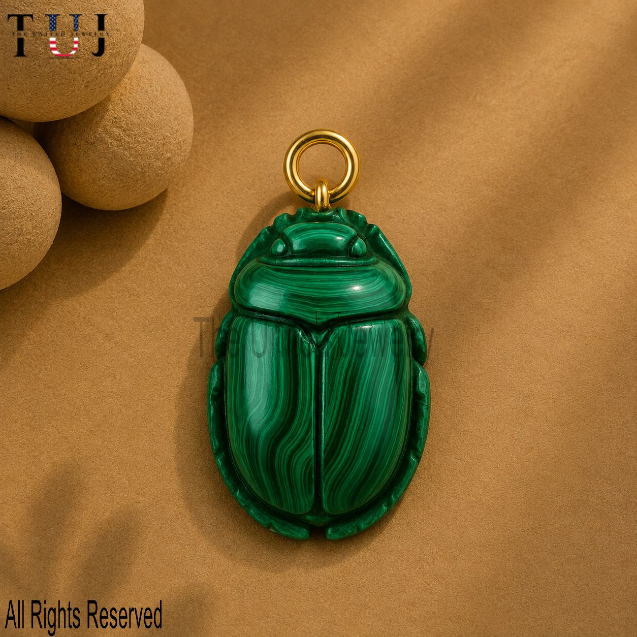 Hand-Carved Malachite Scarab Pendant: 18K Gold-Plated Egyptian Amulet