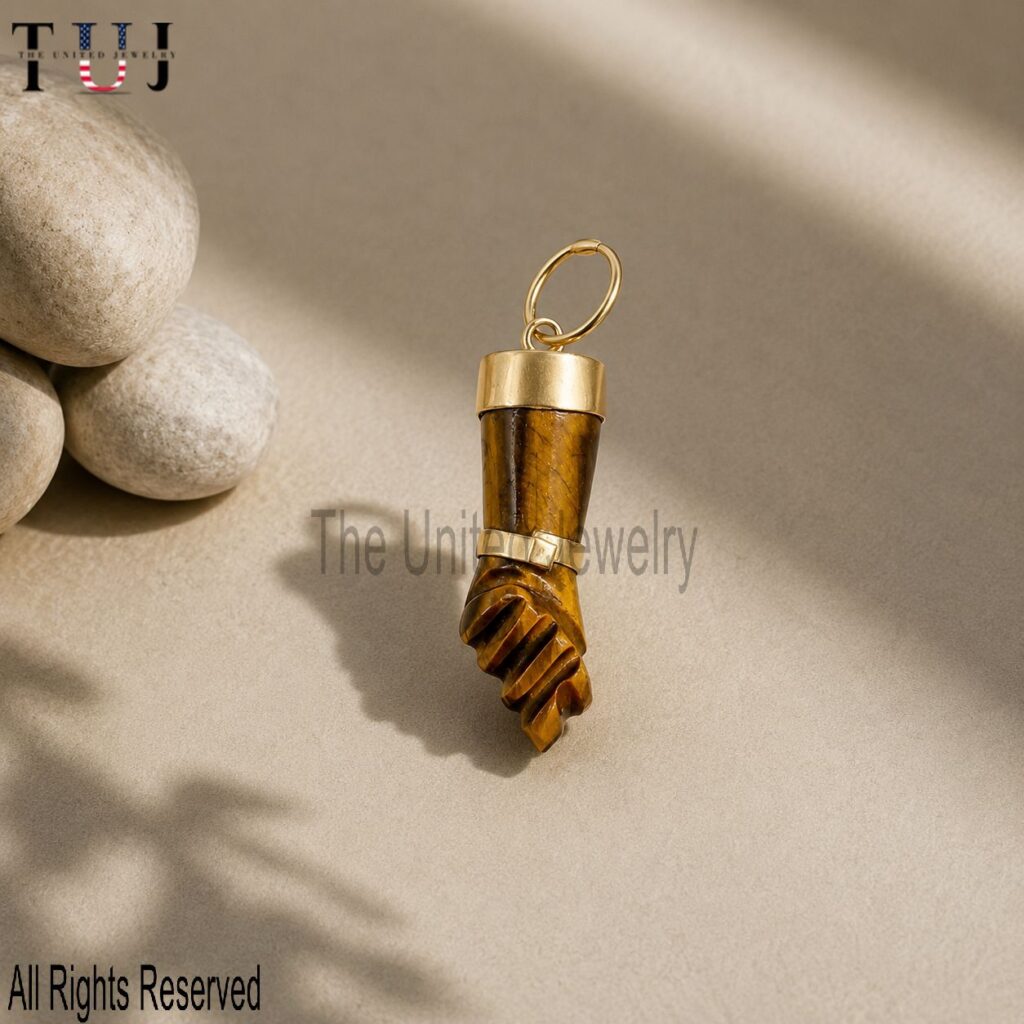 Handmade Carved Tiger Eye Gemstone Figa Hand In Sterling Silver Jewelry