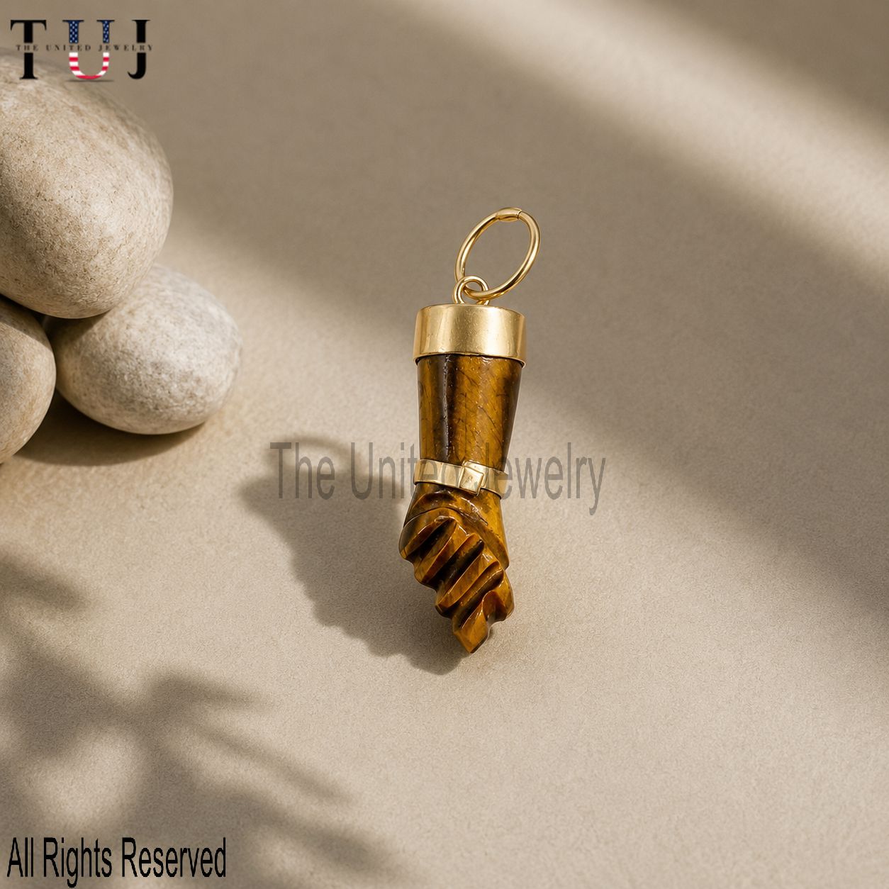 Handmade Carved Tiger Eye Gemstone Figa Hand In Sterling Silver Jewelry