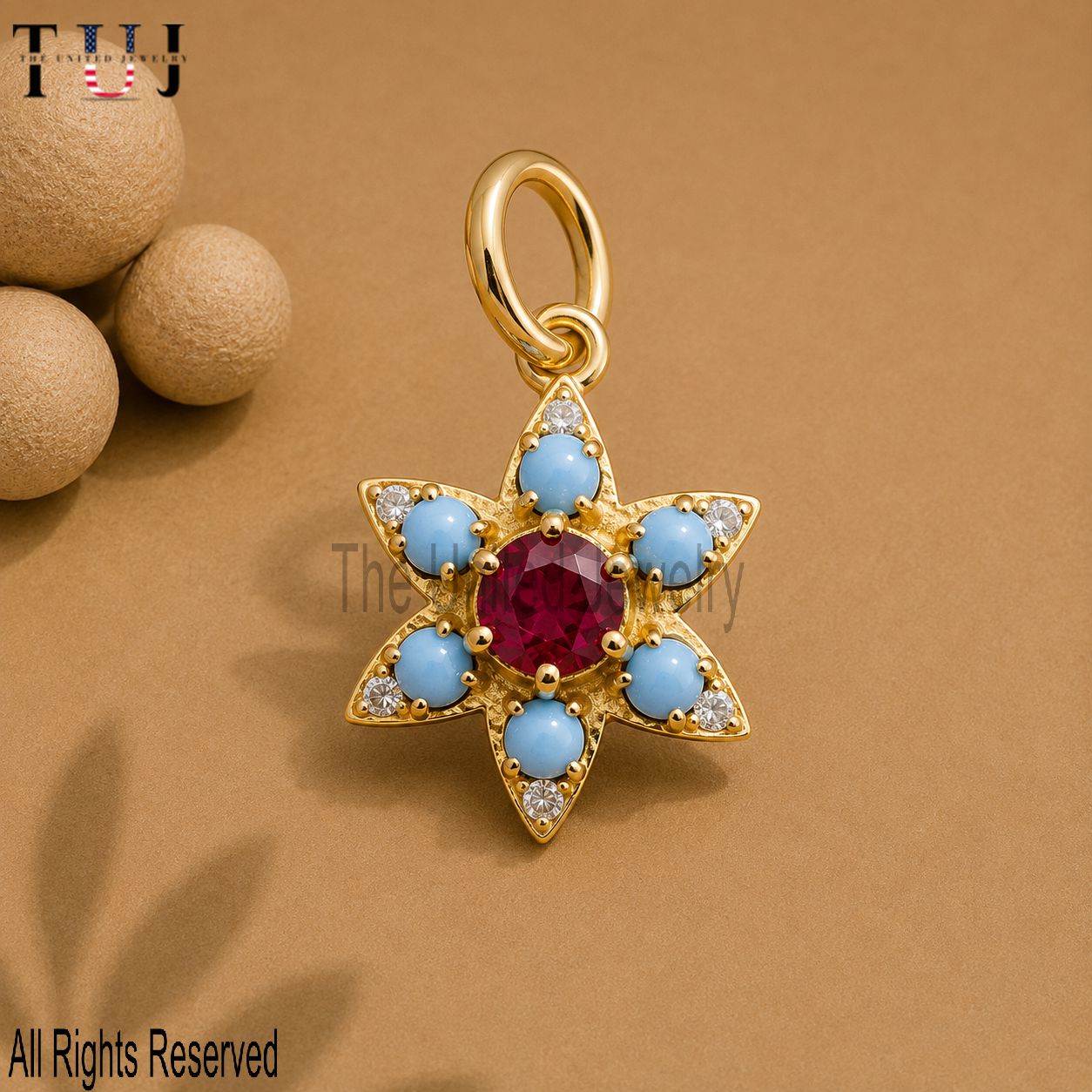 Natural Turquoise With Ruby Yellow Gold Plating Star Shape Charm Pendant Jewelry