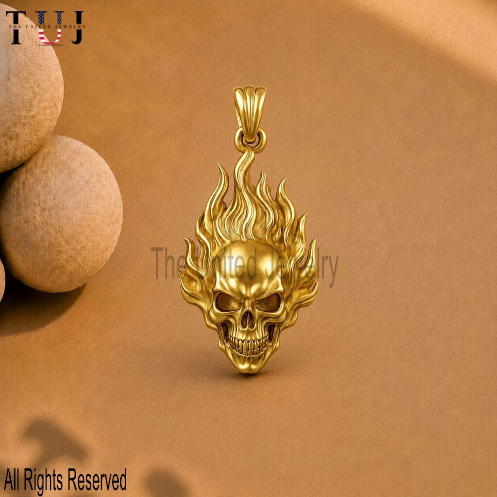 Gold Plated 925 Sterling Silver Flaming Skull Pendant Necklace, Fire Skull Charm