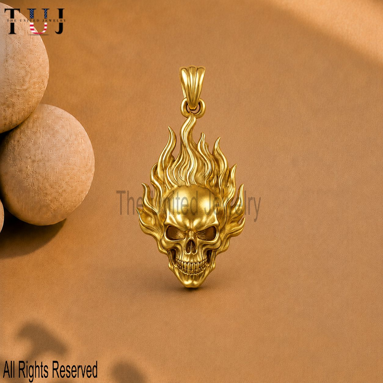 Gold Plated 925 Sterling Silver Flaming Skull Pendant Necklace, Fire Skull Charm