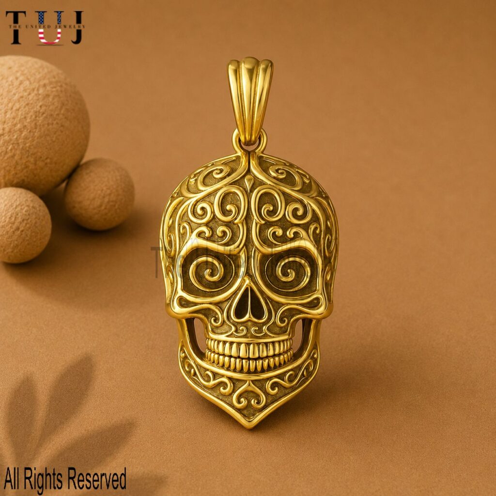 Gold Plated 925 Sterling Silver Ornate Skull Pendant Necklace, Carved Skull Charm, Gothic Statement Jewelry Gift