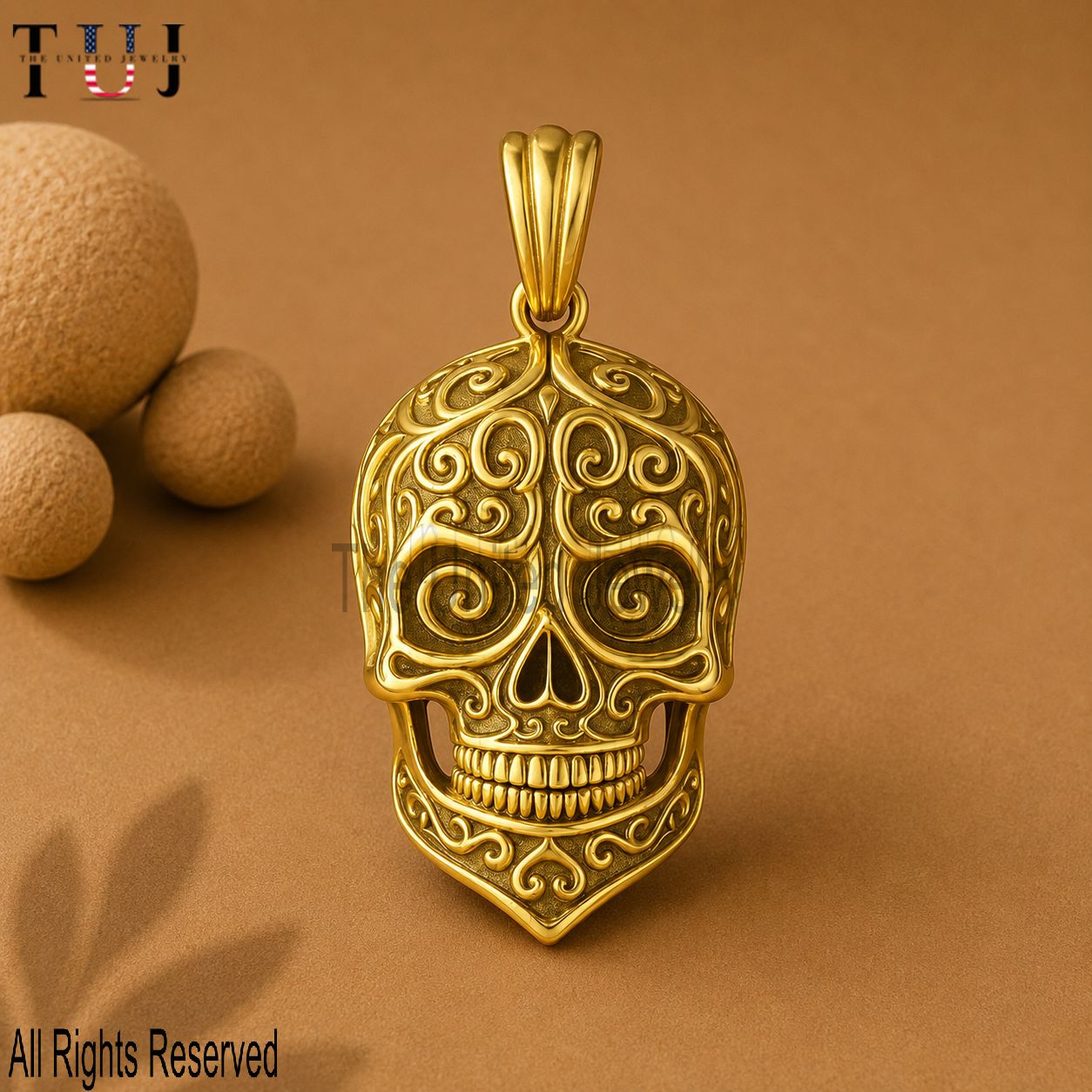 Gold Plated 925 Sterling Silver Ornate Skull Pendant Necklace, Carved Skull Charm, Gothic Statement Jewelry Gift