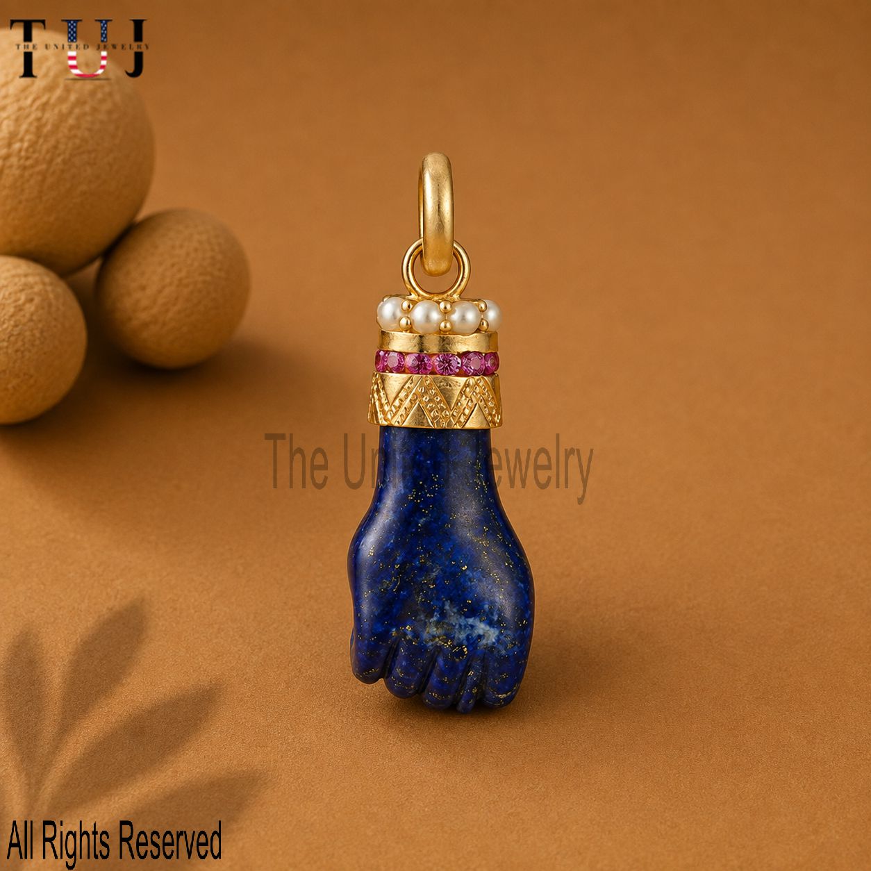 Handmade Carved Lapis Lazuli Pearl & Pink Sapphire Gemstone Figa Hand In Sterling Silver Jewelry