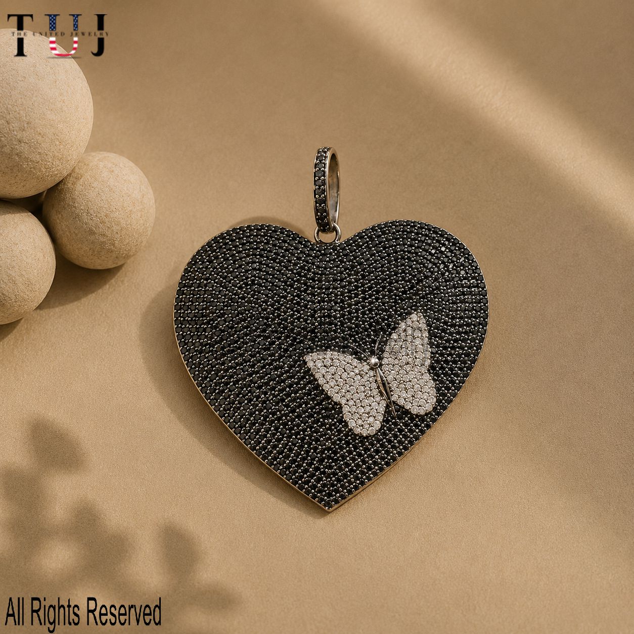 925 Sterling Silver Handmade Black Onyx Heart With Diamond Butterfly Charm Pendant Jewelry