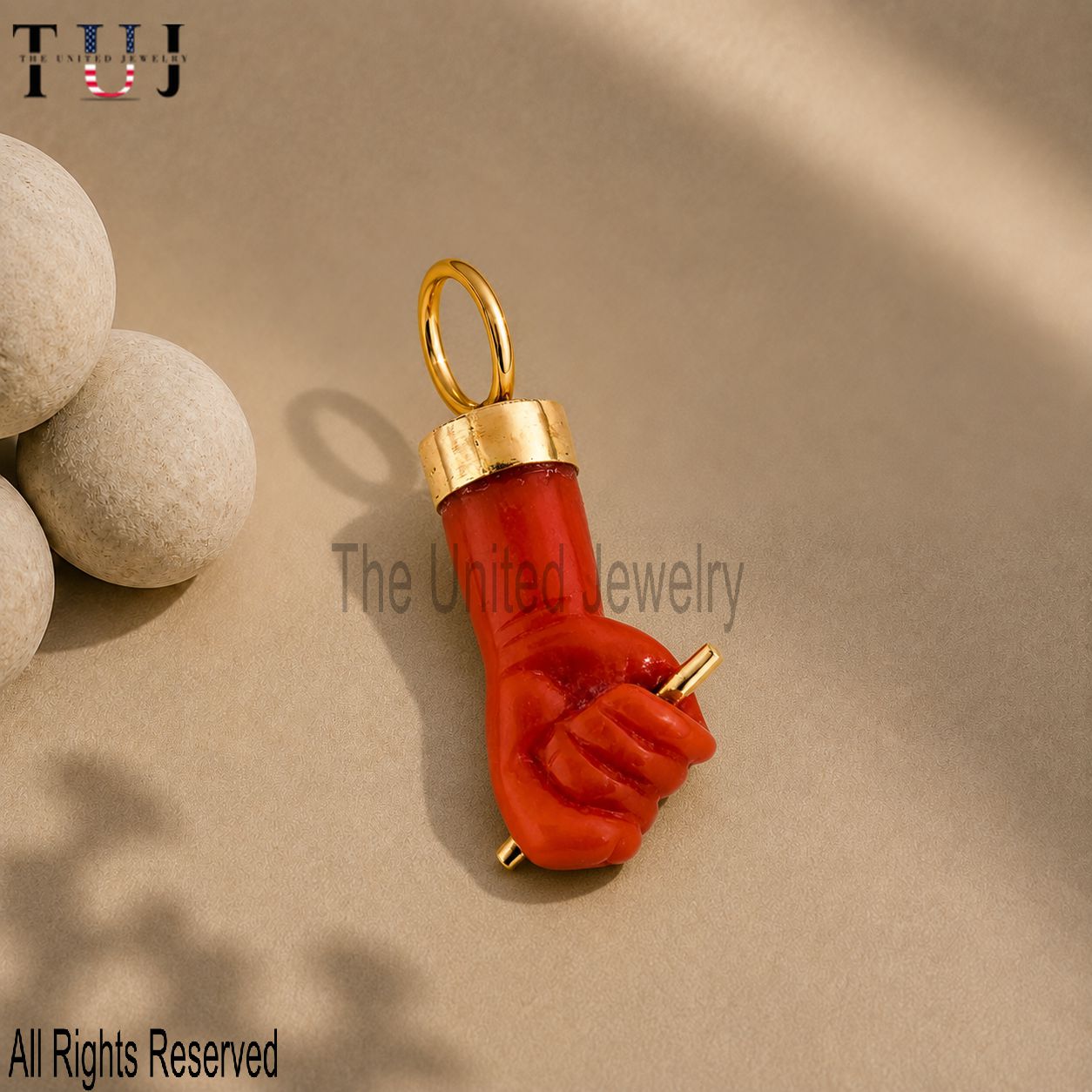Carved Coral Figa Hand Lucky Charm Pendant 925 Sterling Silver Jewelry