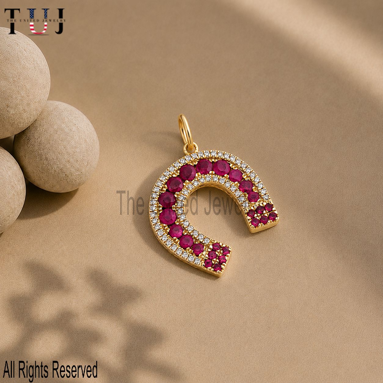 925 Sterling Silver Handmade Ruby And Diamond Horseshoe Charm Pendant Necklace