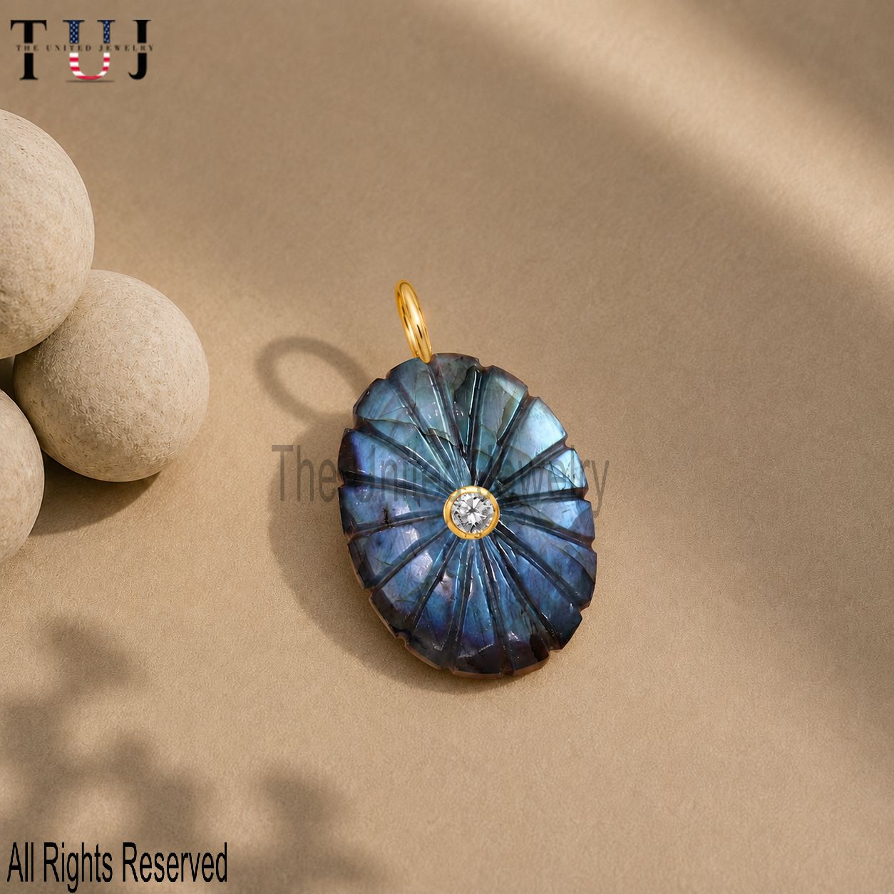 925 Sterling Silver Yellow Gold Plated Labradorite Carving Charm Pendant
