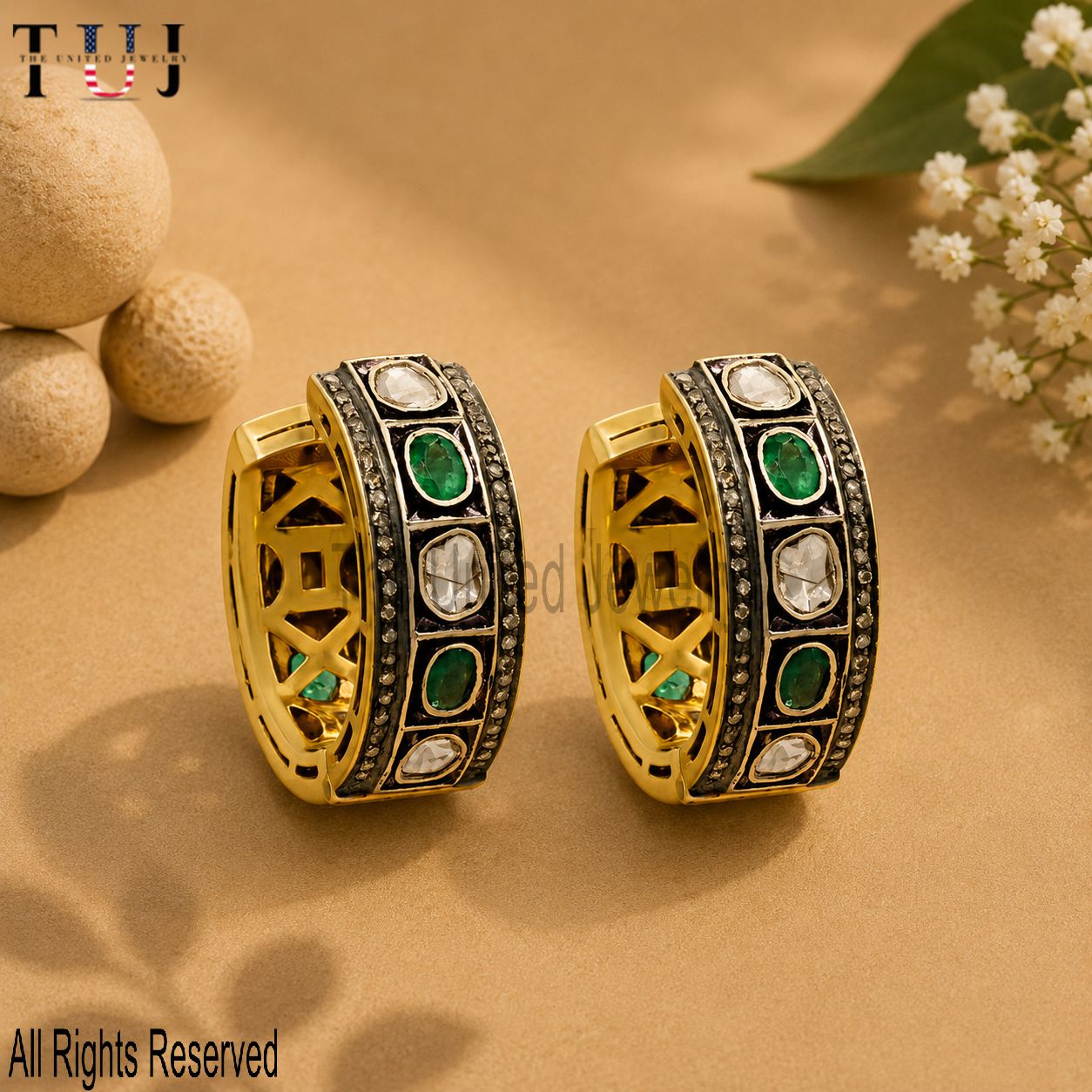 Pave Diamond Handmade Polki Emerald Hoop Earrings For Women's
