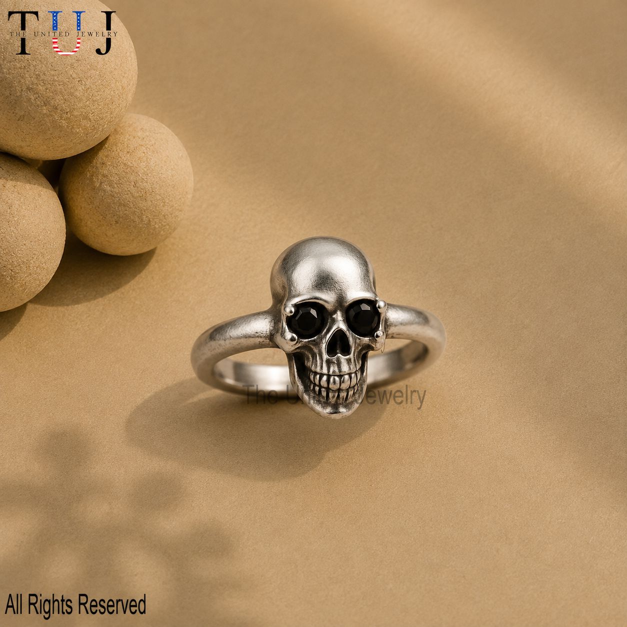 Sterling Silver Skull Ring: Gothic Biker Jewelry with Black Gemstone Eyes