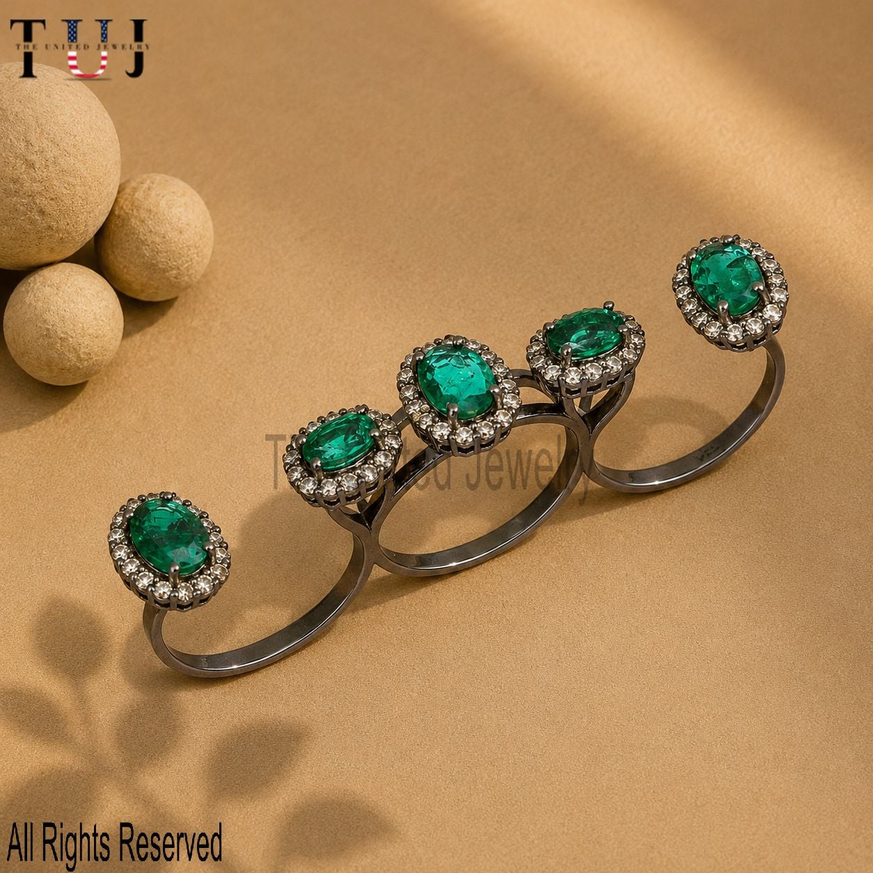 Handmade Emerald Triple Finger Diamond Ring 925 Sterling Silver Jewelry