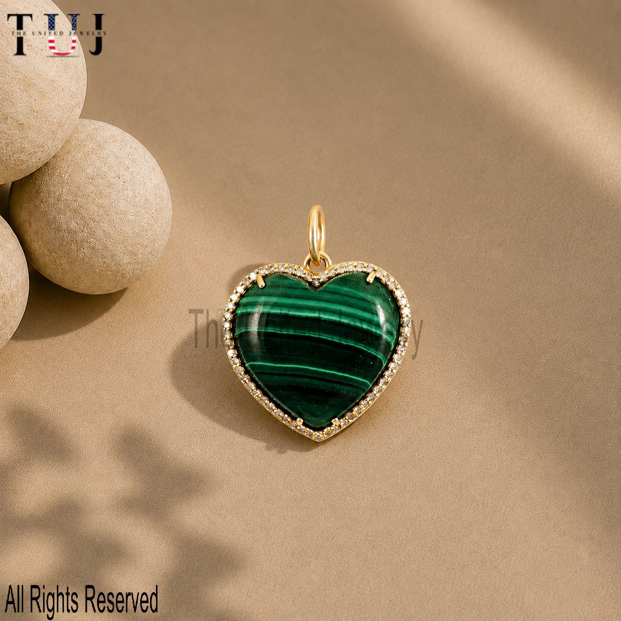 925 Sterling Silver Yellow Gold Plated Malachite Heart Diamond Charm Pendant