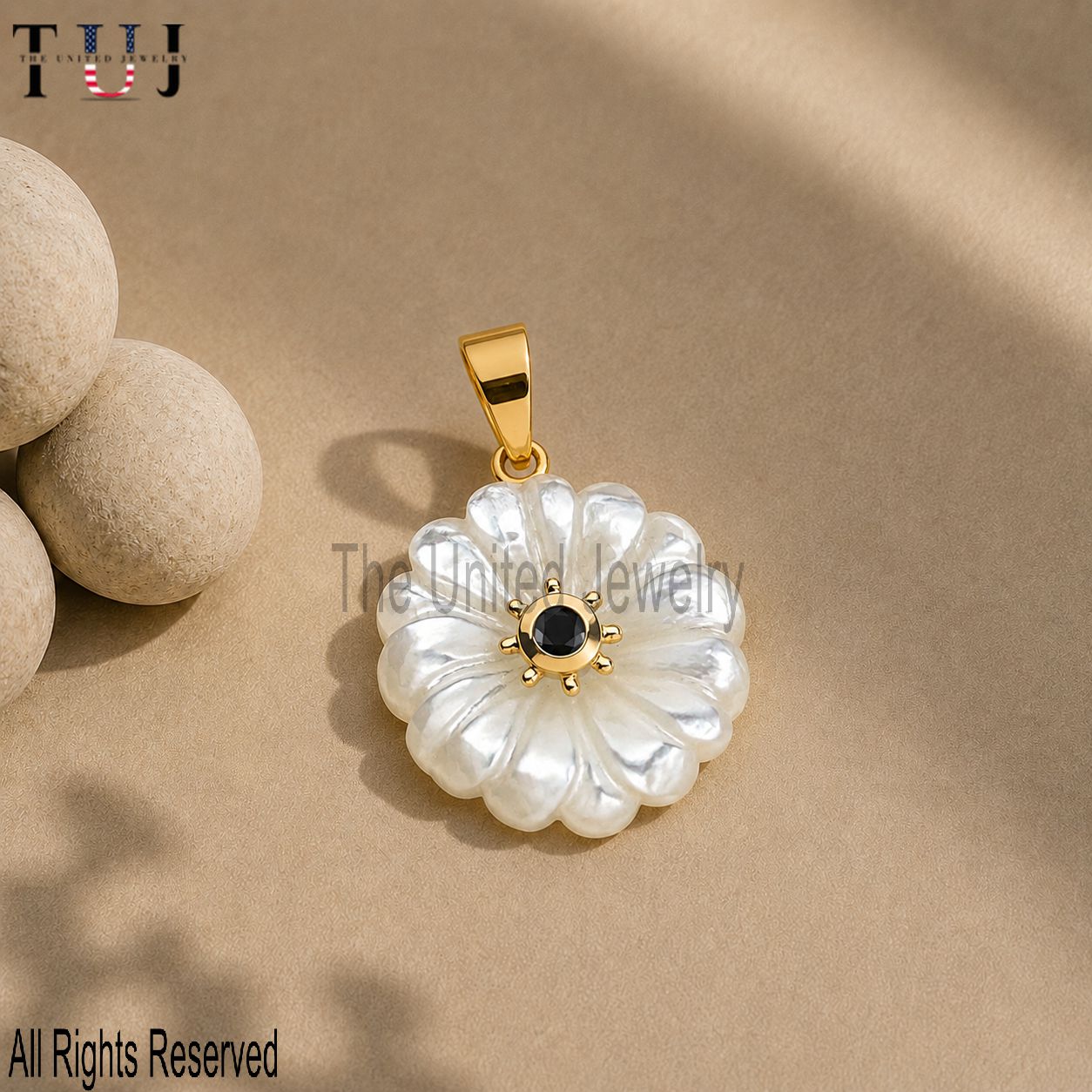 Pearl Flower Carved Handmade Black Onyx Charm Pendant Jewelry 925 Sterling Silver