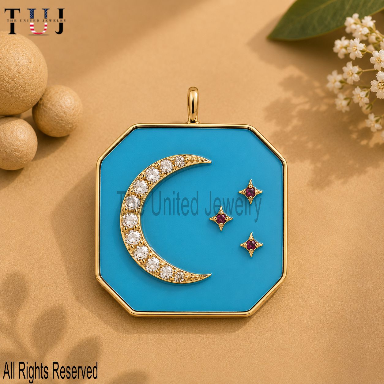 Micro Pave Diamond Crescent Moon Star Enamel Pendant 925 Sterling Silver Jewelry