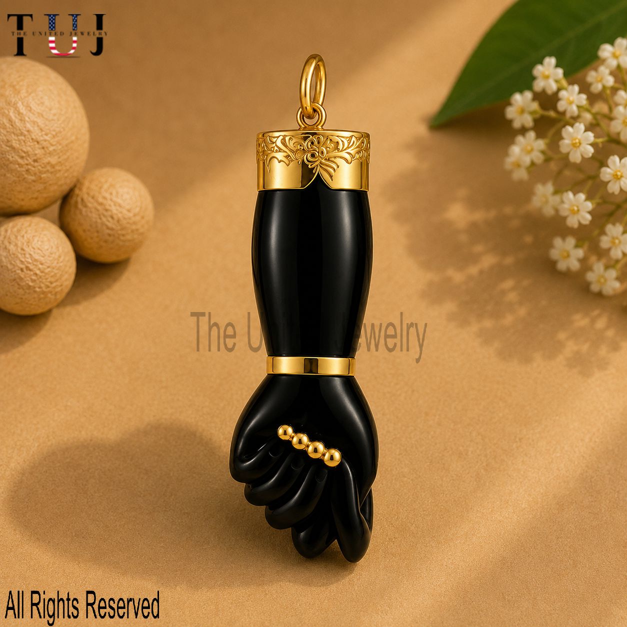 Carved Black Onyx Figa Hand Lucky Charm Pendant 925 Sterling Silver Jewelry