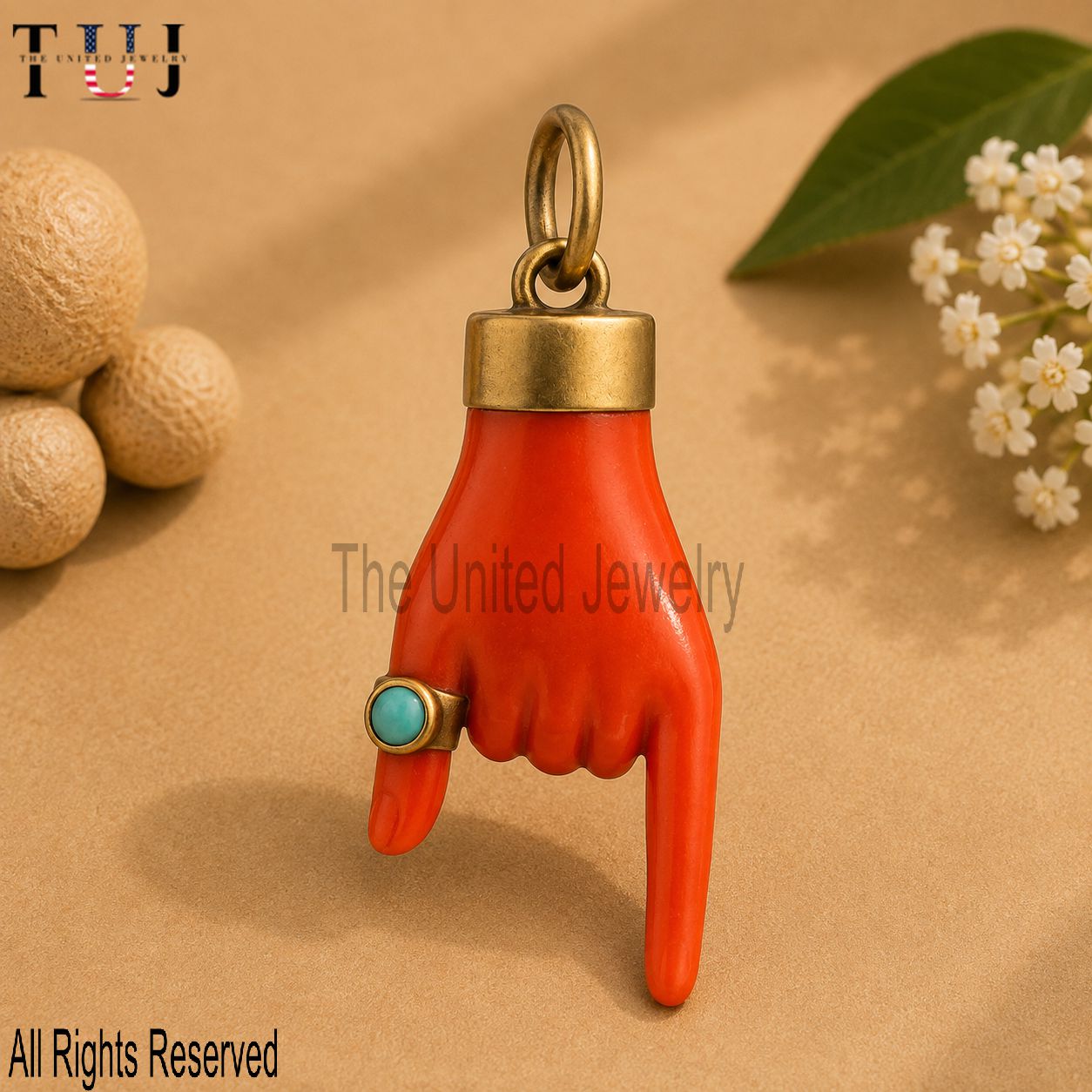 925 Sterling Silver Figa Hand Pendant, Coral & Turquoise, Good Luck Charm