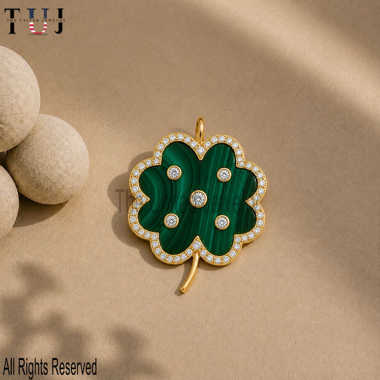 Sterling Silver Malachite Clover Pendant Necklace: Diamond Accent, Good Luck Charm