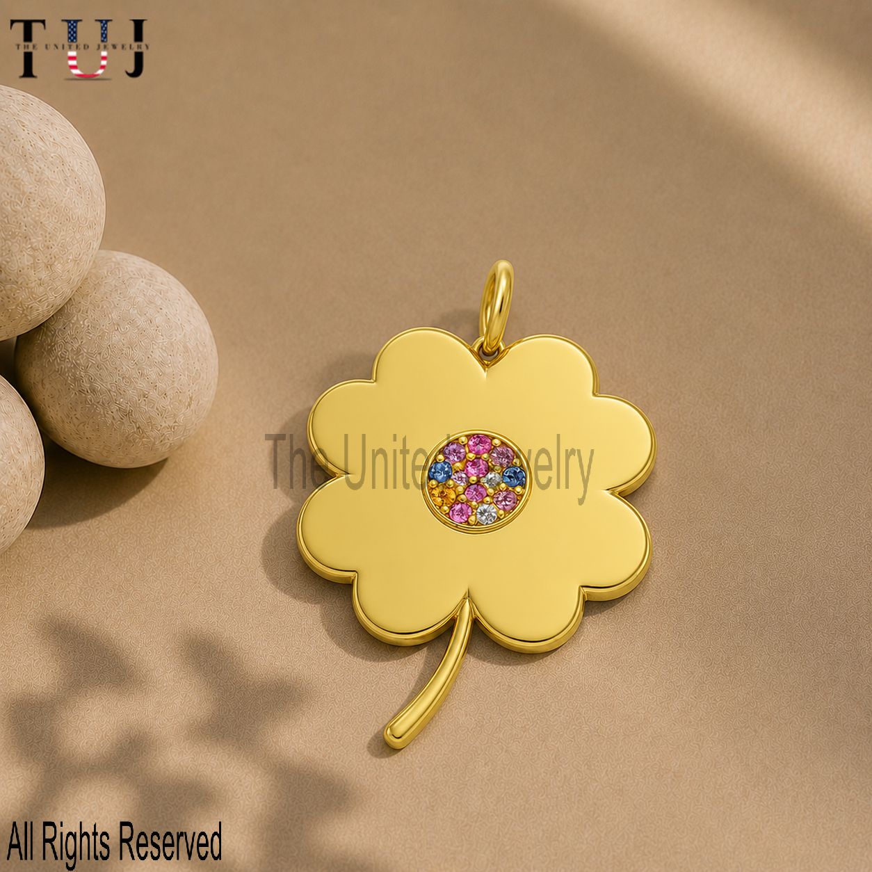 Handmade Gold Plated Sterling Silver Clover Pendant: Multicolor CZ Gemstone