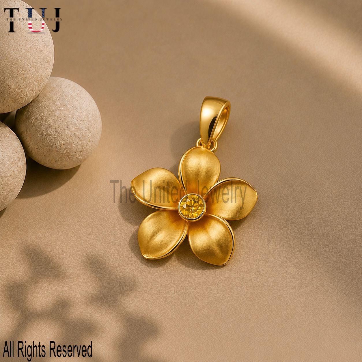 18K Gold Plated Sterling Silver Plumeria Pendant: Citrine Flower Charm