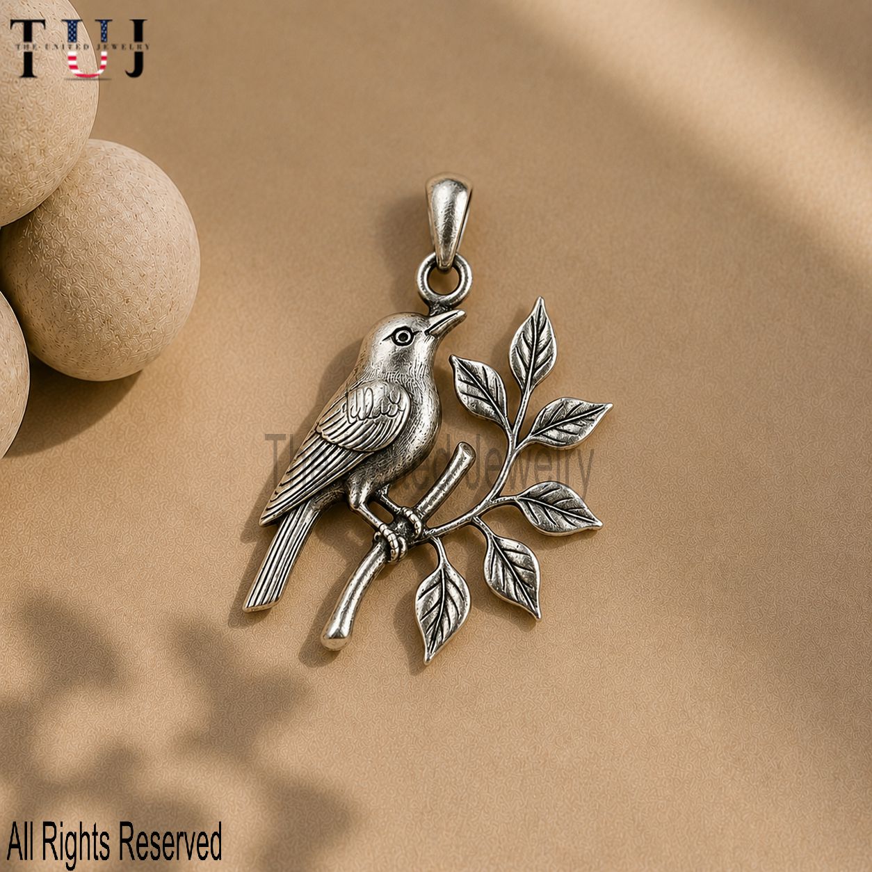 925 Sterling Silver Bird on Branch Pendant, Nature Inspired Bird Necklace, Oxidized Silver Animal Jewelry Gift