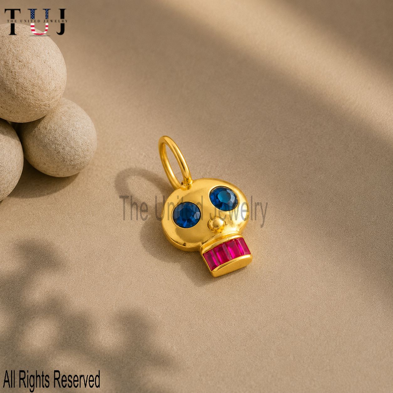 Gold Skull Pendant – Blue Sapphire Eyes, Ruby Teeth, Sterling Silver