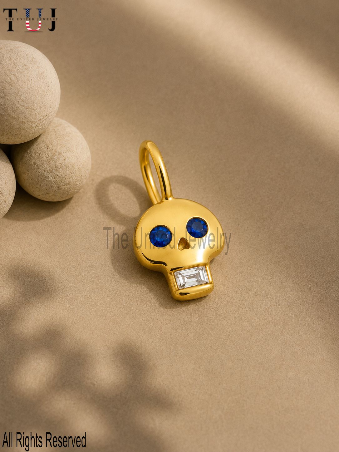 14k Gold Skull Pendant with Gemstone Eyes & Topaz Teeth Pendant