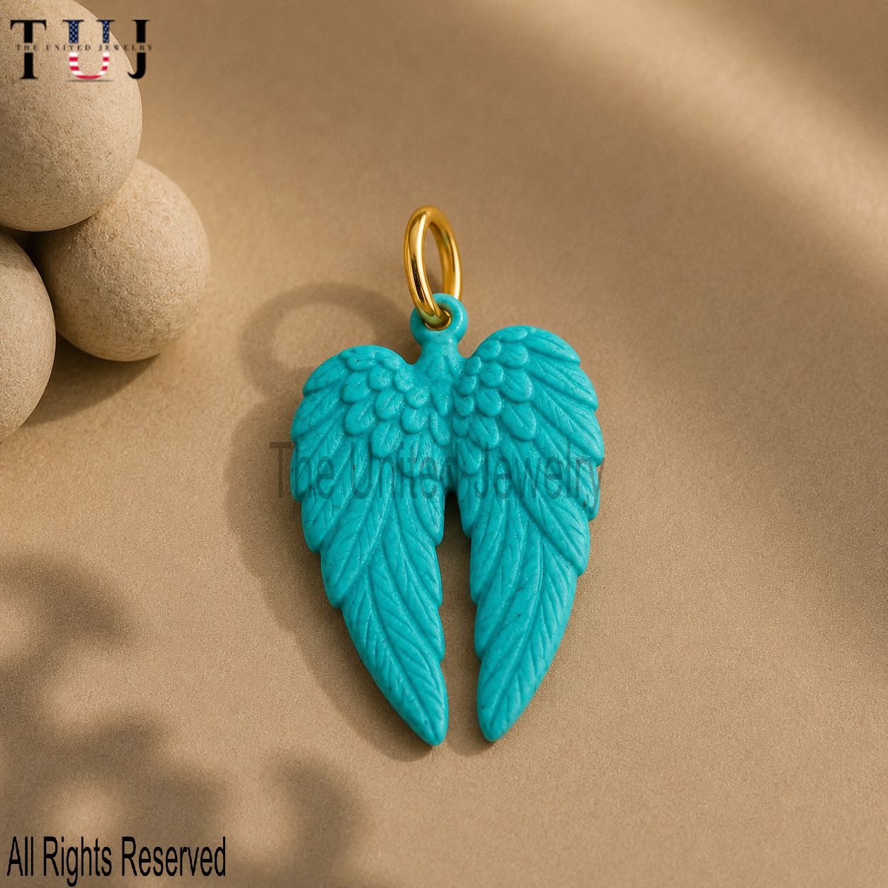 Turquoise Feather Wing Pendant: Hand-Carved Gemstone, Gold Plated Sterling Silver