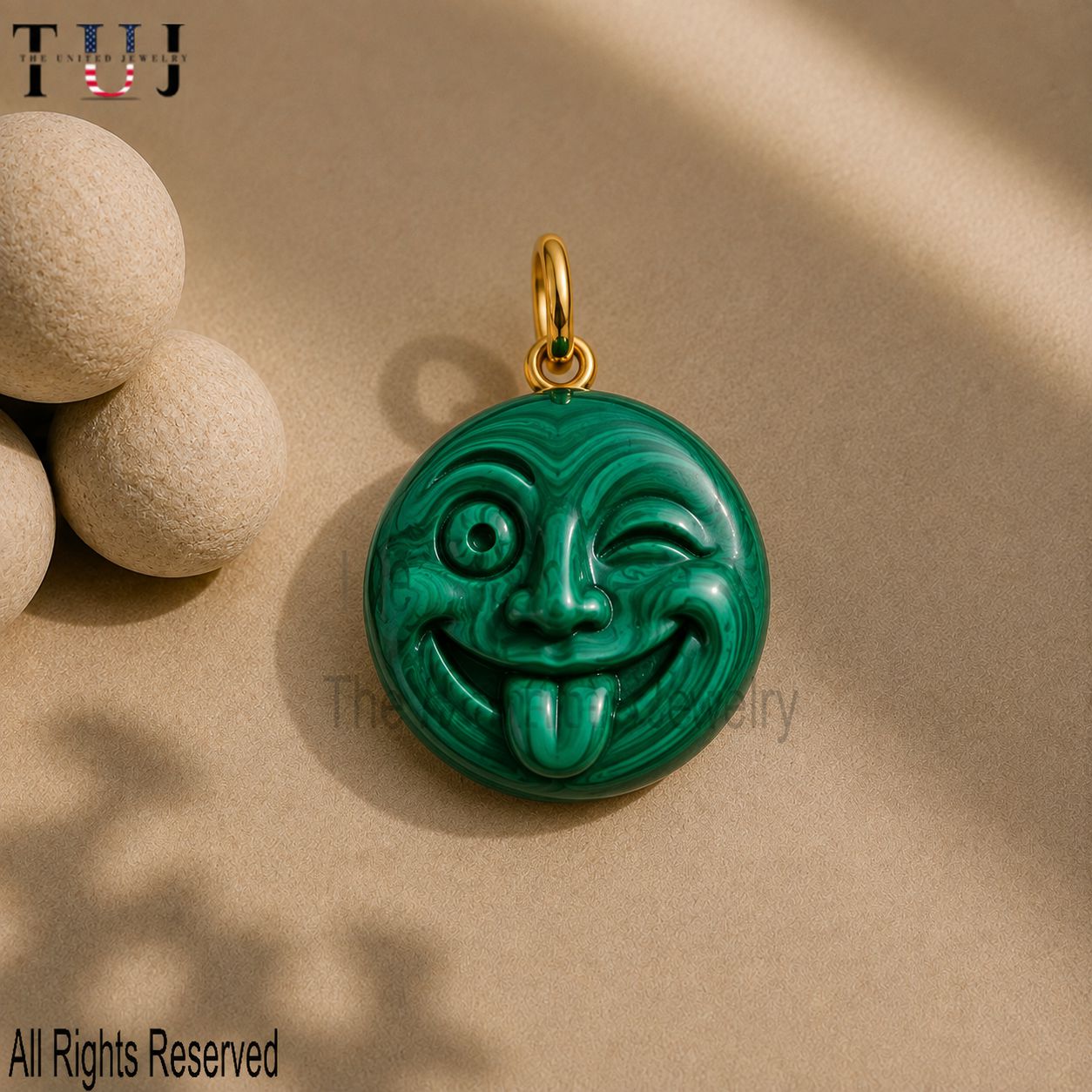Handmade Malachite Winking Face Pendant: Gold Plated Sterling Silver Charm
