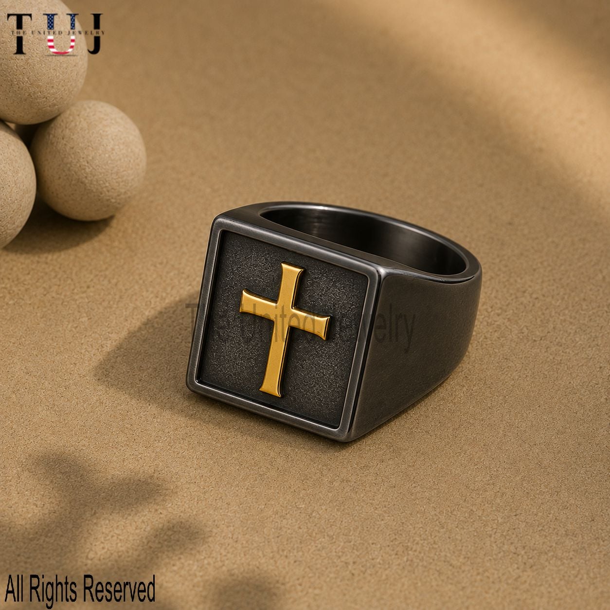 Men’s Cross Signet Ring – 925 Sterling Silver with Gold Cross, Religious Christian Jewelry