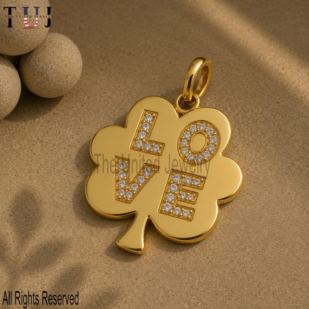 Gold Plated Sterling Silver Clover LOVE Pendant Necklace: CZ Diamond Charm