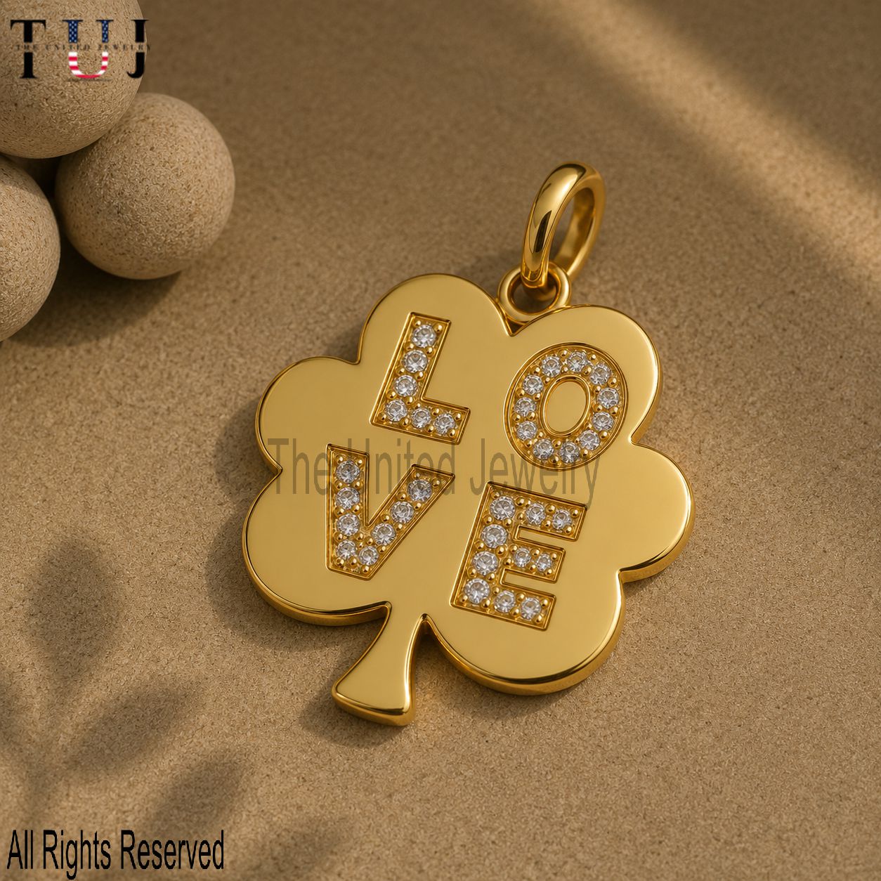 Gold Plated Sterling Silver Clover LOVE Pendant Necklace: CZ Diamond Charm