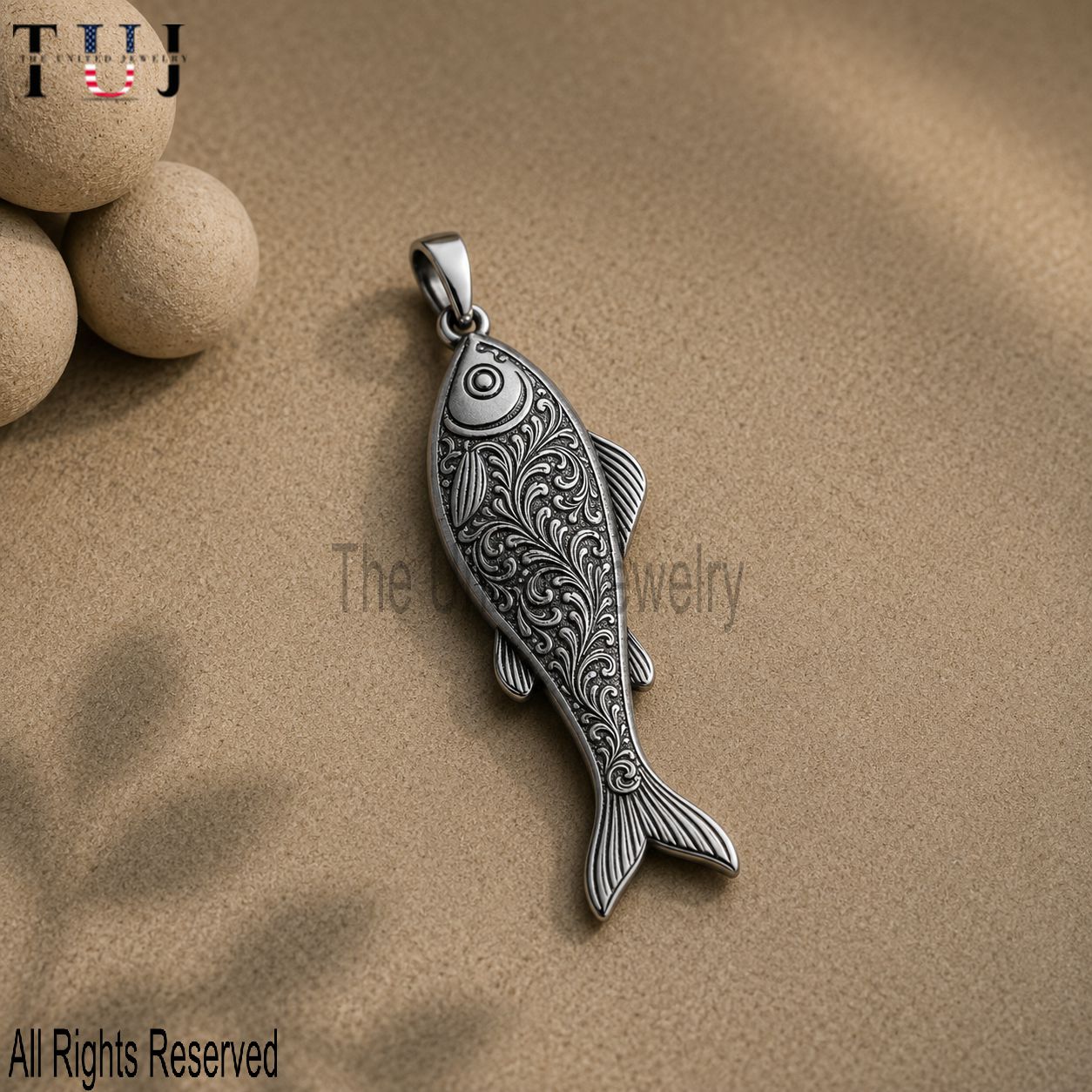 Sterling Silver Fish Pendant – Ornate Engraved Vintage Necklace