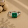 925 Sterling Silver Emerald Cut Green Gemstone Ring – Baguette Side Stones, Engagement & Statement Jewelry