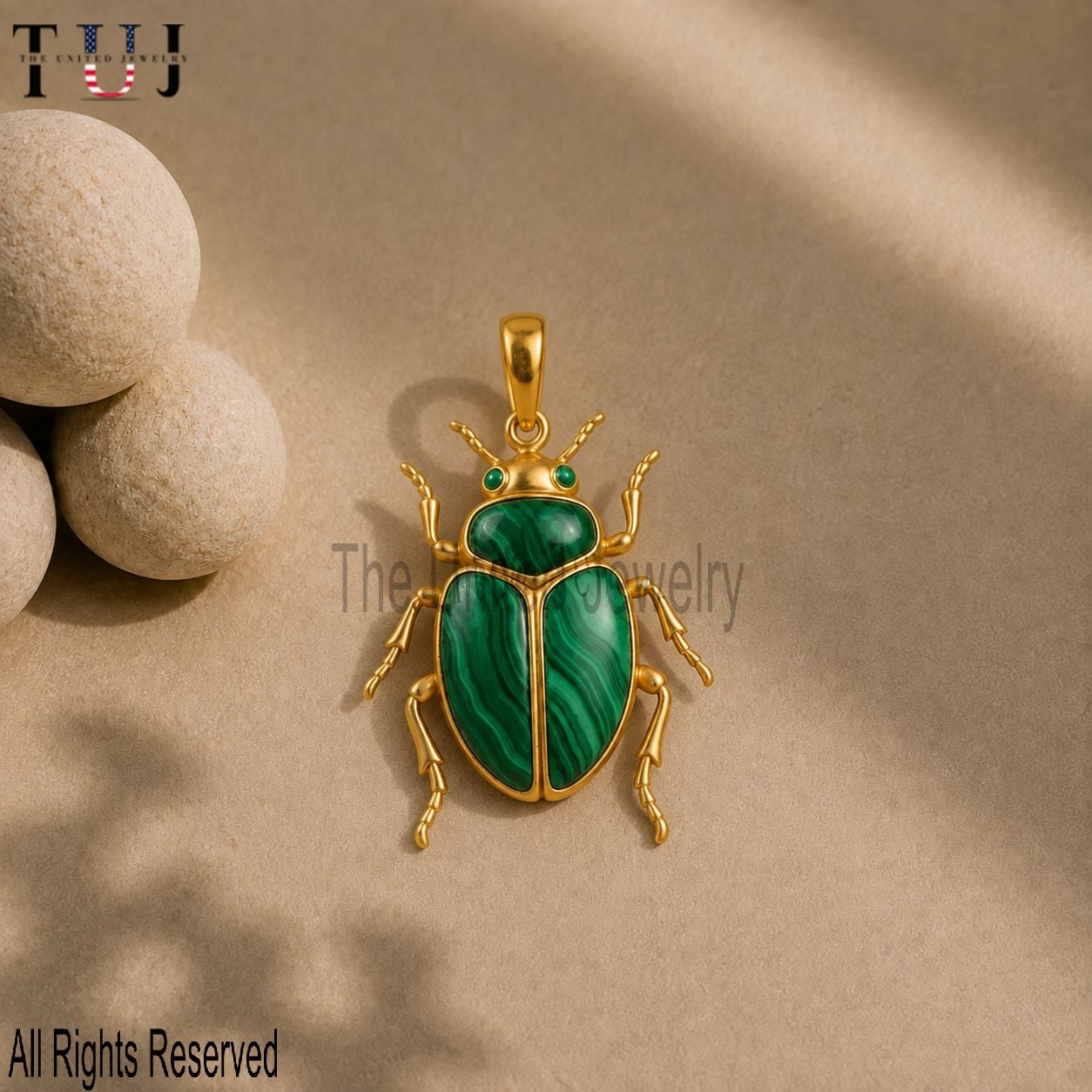 Sterling Silver Malachite Beetle Pendant: Egyptian Scarab Amulet