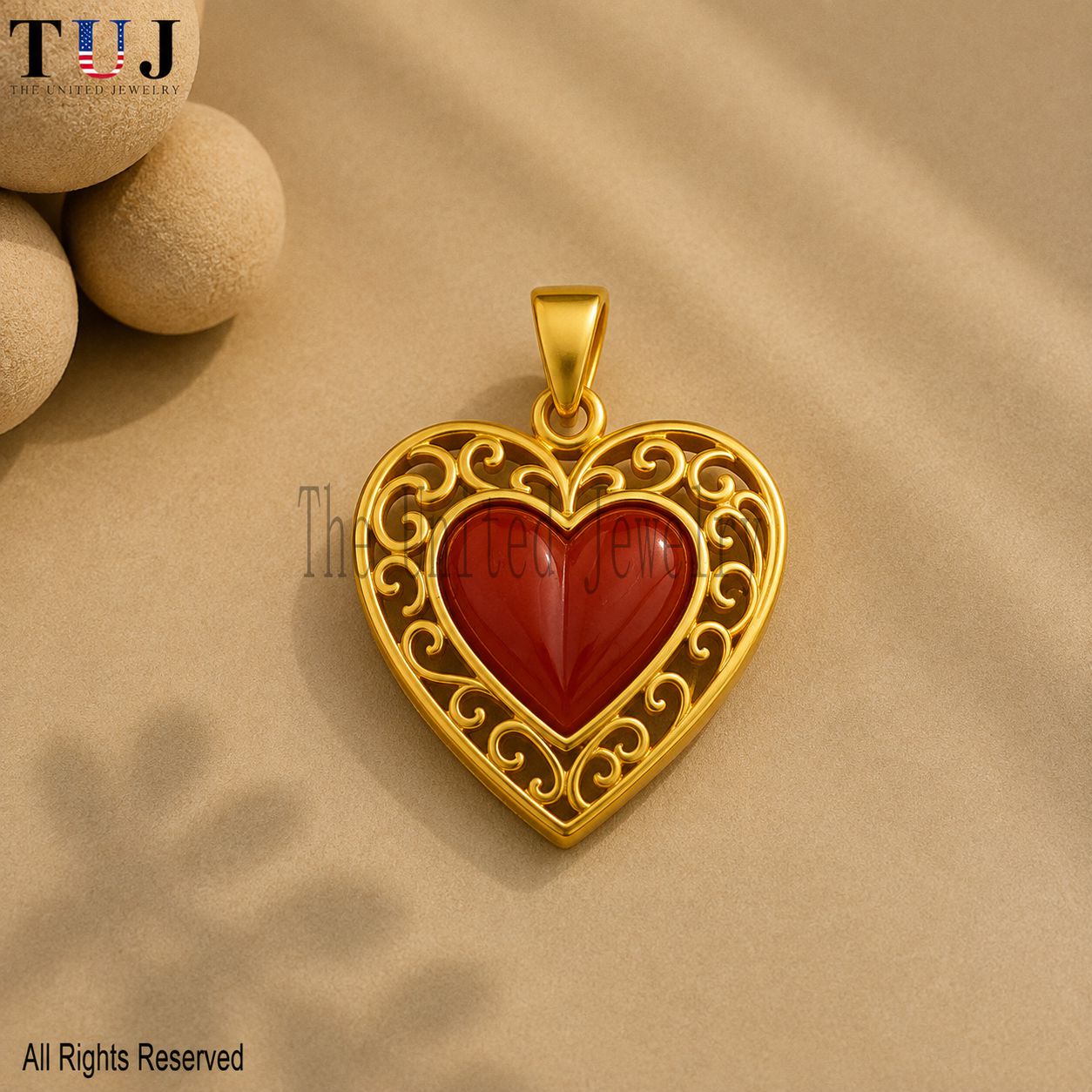 Gold Plated Filigree Carnelian Heart Pendant - Sterling Silver Handmade Jewelry