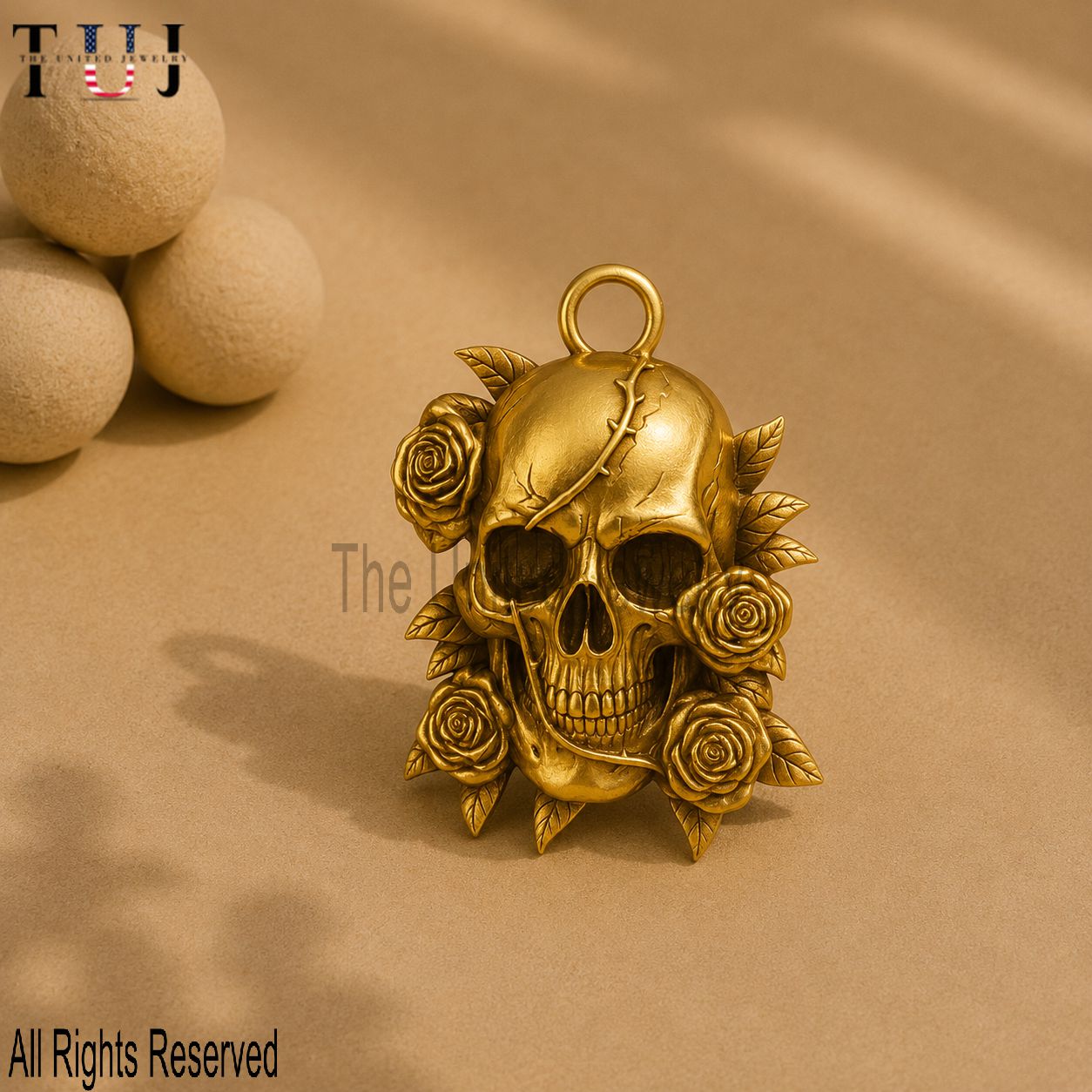 Gold Plated Sterling Silver Rose Skull Pendant, Gothic Jewelry