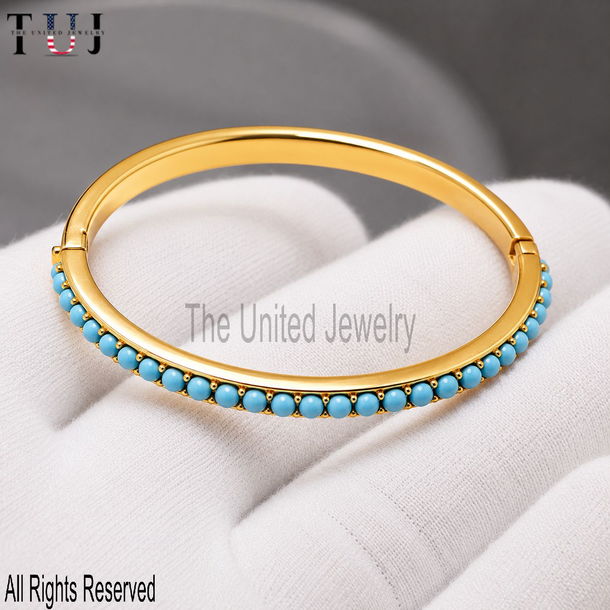 Gold Bangle with Turquoise Stones – 925 Sterling Silver, 18K Gold Plated Cuff Bracelet