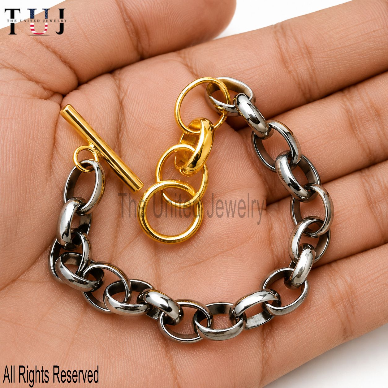 Two Tone Chain Bracelet – 925 Sterling Silver with Gold Plating, Toggle Clasp Unisex Jewelry