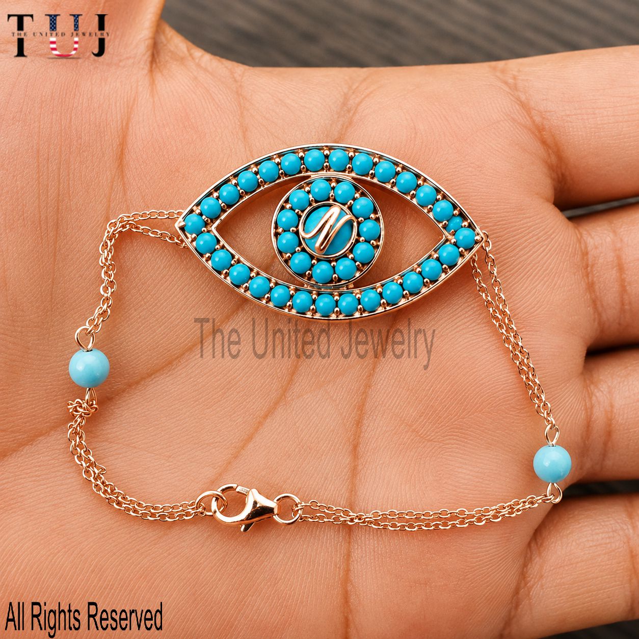 Turquoise Evil Eye Bracelet – Rose Gold Plated 925 Sterling Silver, Protection Jewelry, Adjustable Chain