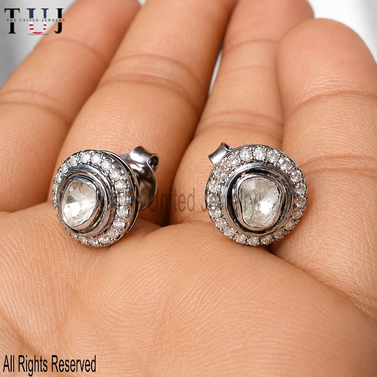 Sterling Silver Polki Diamond Stud Earrings: Antique Halo Jewelry