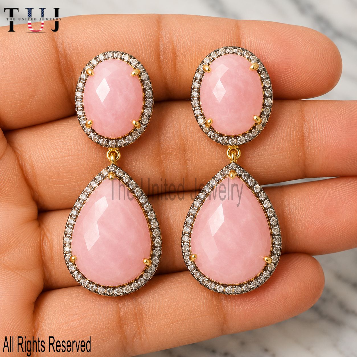 925 Sterling Silver Pink Rose Quartz Earrings | Double Drop Dangle Earrings