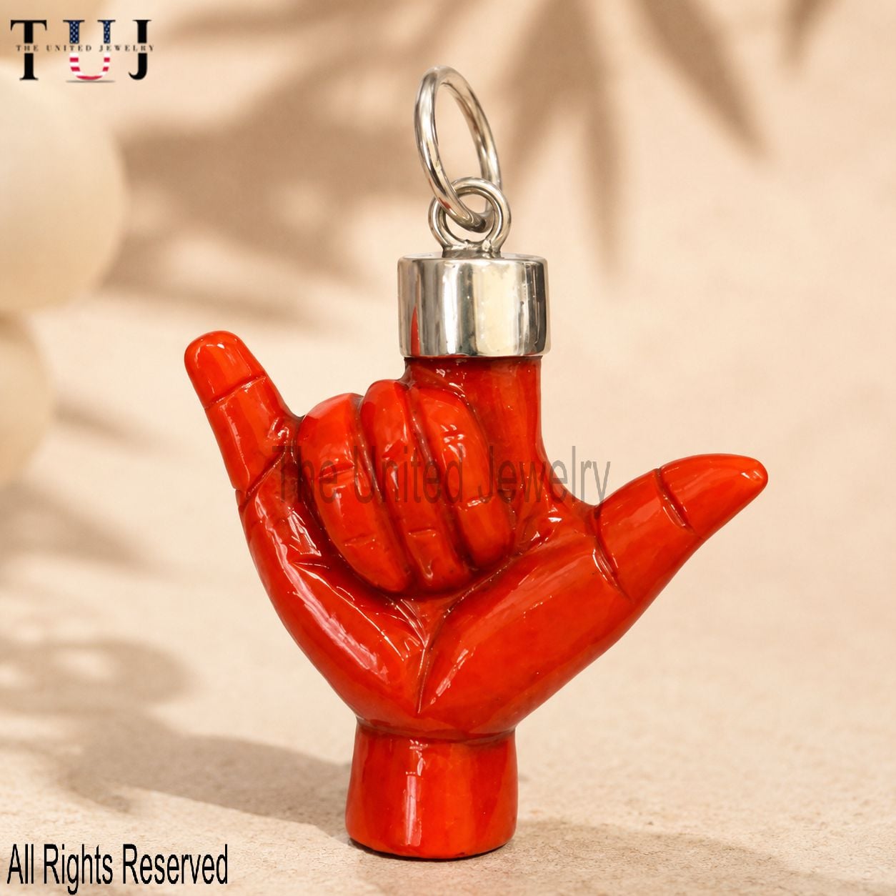 Sterling Silver Shaka Hand Pendant: Gold Plated Coral , Hang Loose Jewelry