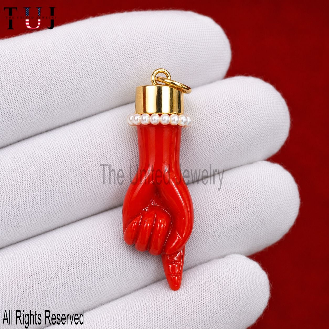 Gold Plated Sterling Silver Figa Hand Pendant: Italian Pearl Charm