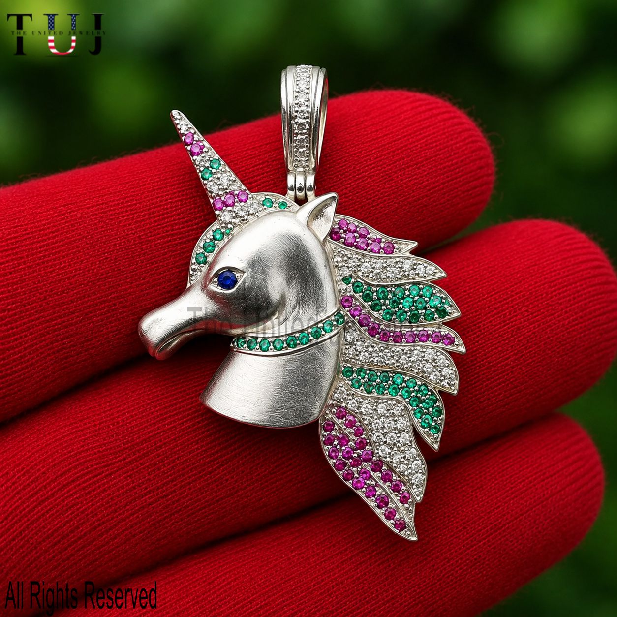 Handmade 925 Sterling Silver Designer Unicorn Multi Sapphire Pendant Necklace Jewelry