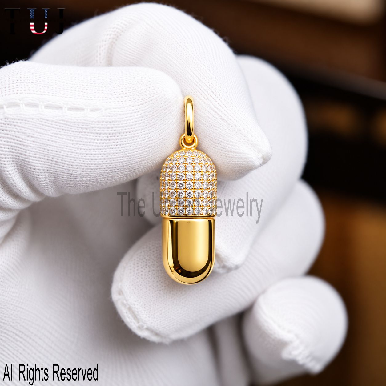 925 Sterling Silver Capsule Pendant • Gold Plated Pill Charm • Micro Pave CZ Diamond Capsule