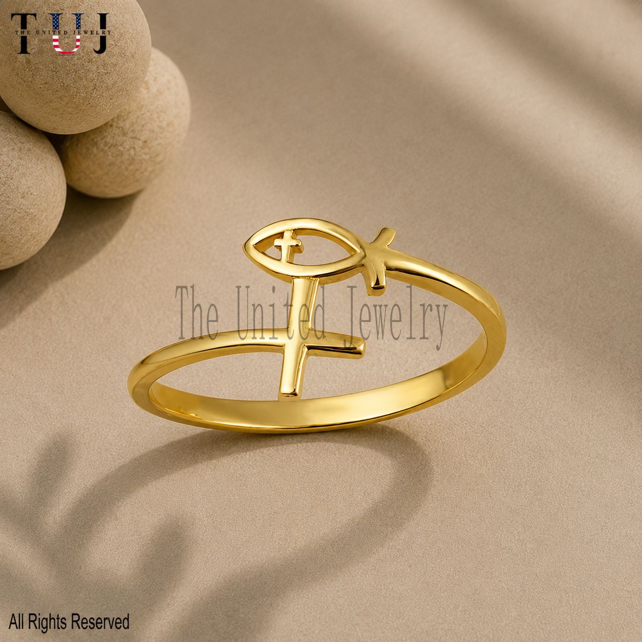 Handmade Jesus Cross Fish Ring 925 Sterling Silver Jewelry