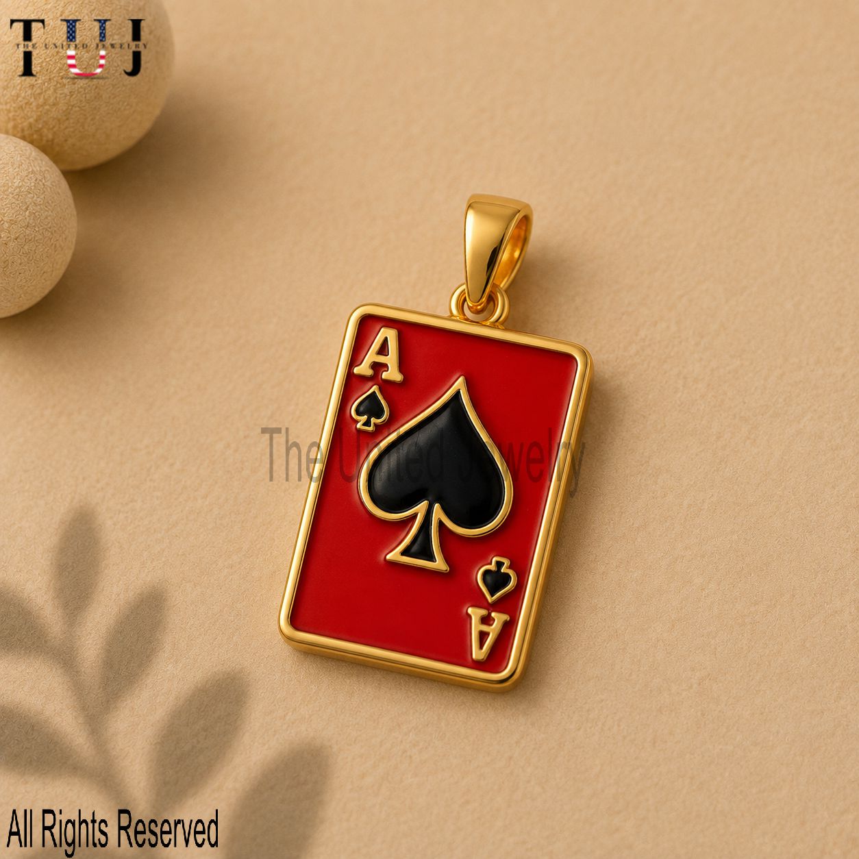 Gold Plated Sterling Silver Ace of Spades Pendant - Red & Black Enamel