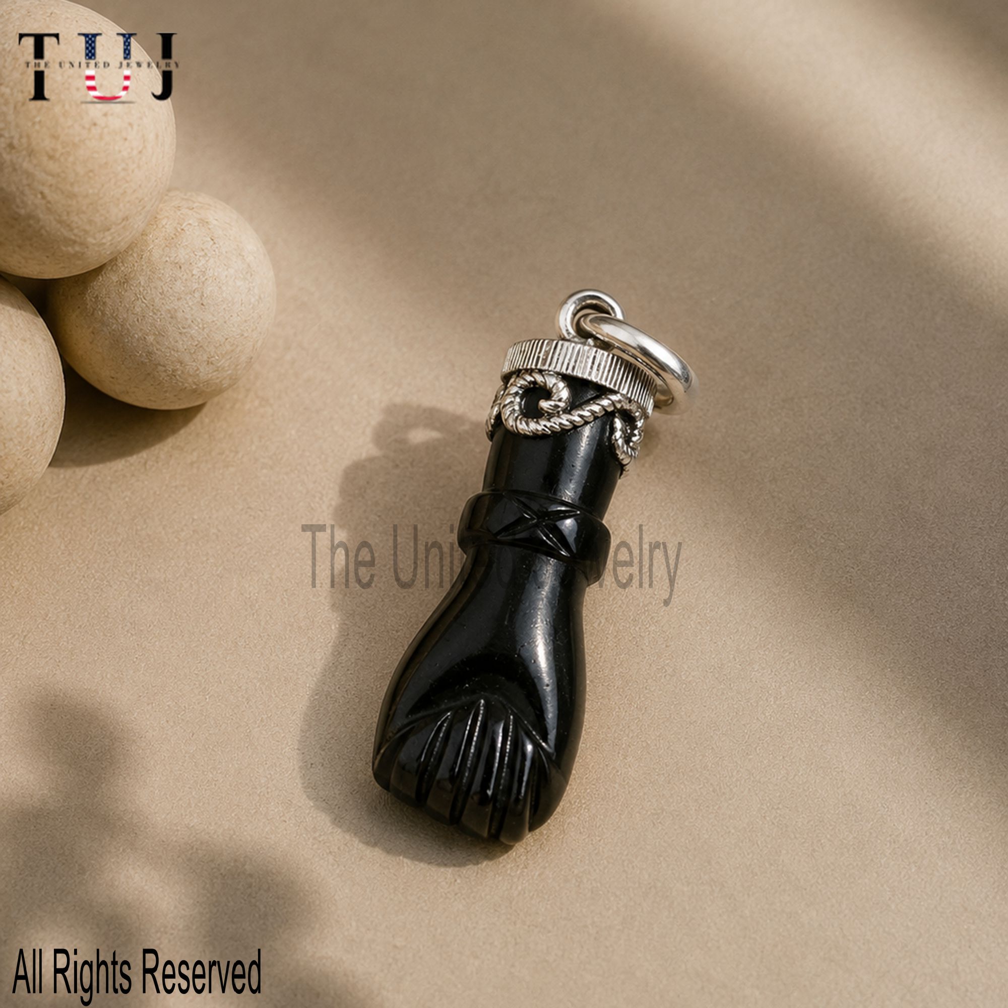 Carved Black Onyx Figa Hand Lucky Charm Pendant 925 Sterling Silver Jewelry